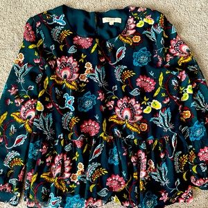 Ann Taylor LOFT - Teal Floral Peplum Long Sleeve Top